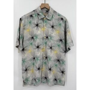 Tommy Bahama Shirt Mens Medium Gray Green Floral 100% Silk Vacation Beach